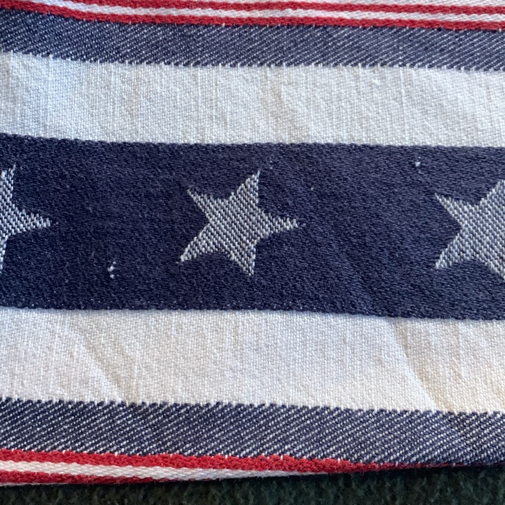 Round patriotic cotton tablecloth.  Red, white and blue with stars. Approx 64” - Picture 5 of 7